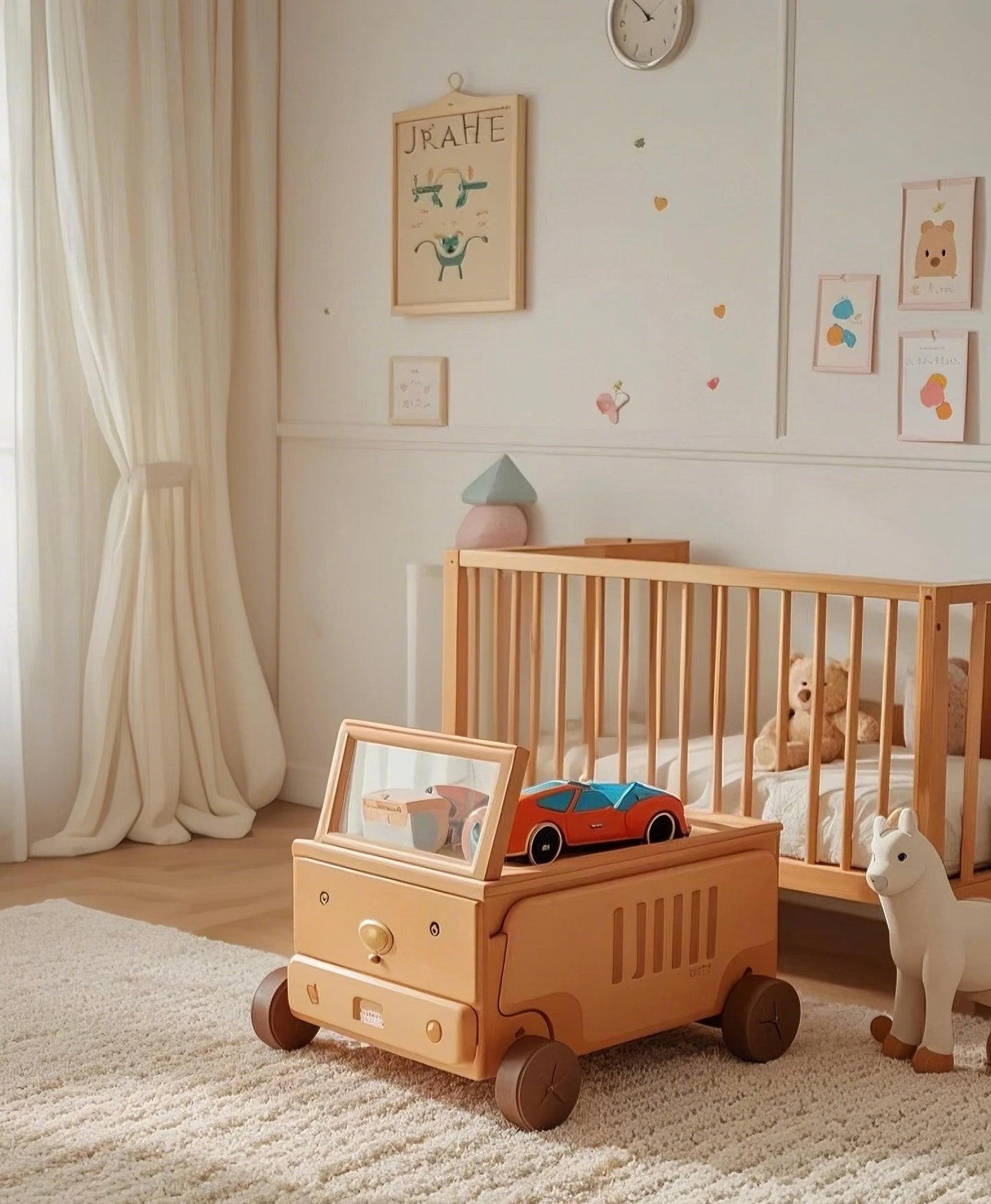 Car Design Wooden Toy Storage Box with Wheels