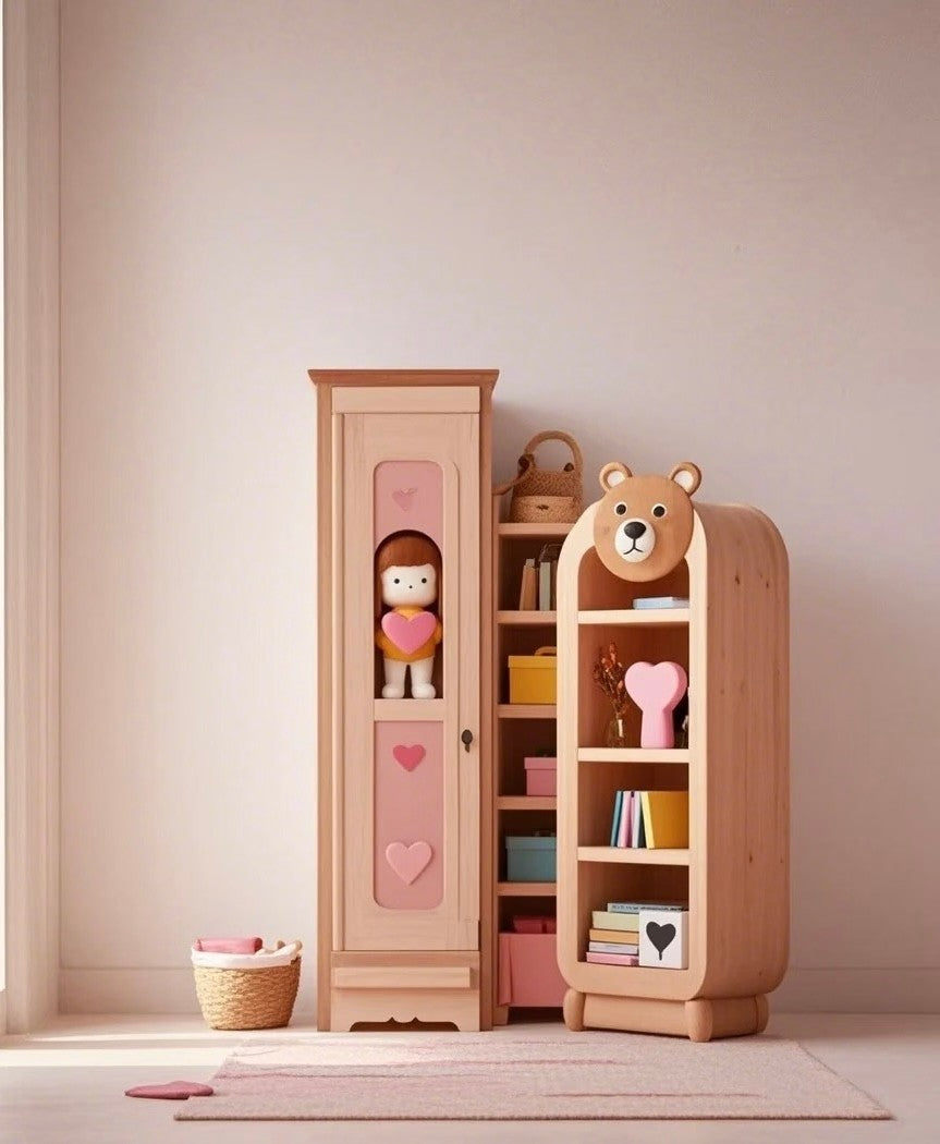 Bear and Heart Kids Bookcase – Pink Wooden Storage Shelf
