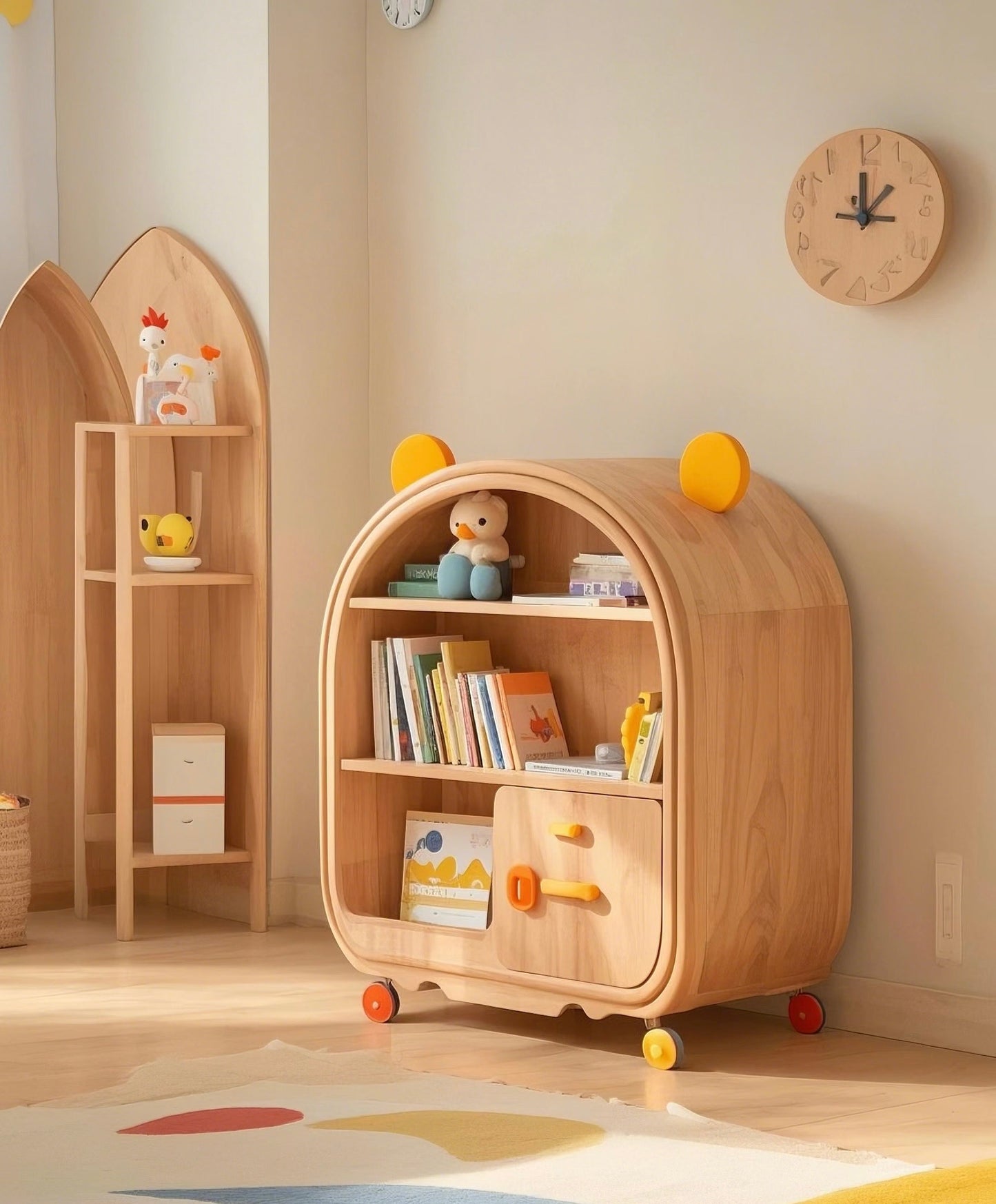 Bear Ears Kids Wooden Bookshelf with Storage – Rolling Nursery Organizer