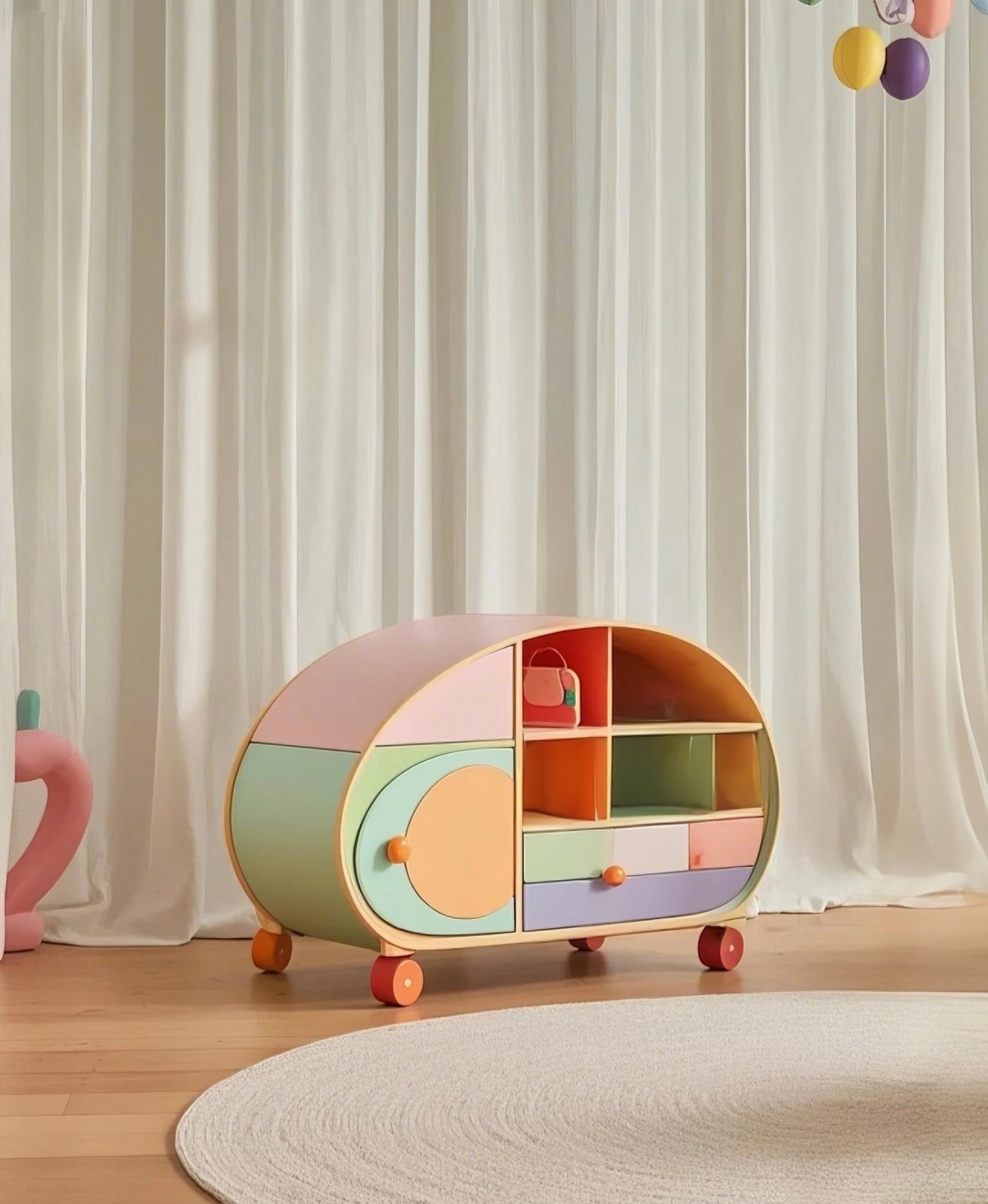 Pastel Rolling Toy Storage Cabinet – Multi-Compartment Kids Organizer