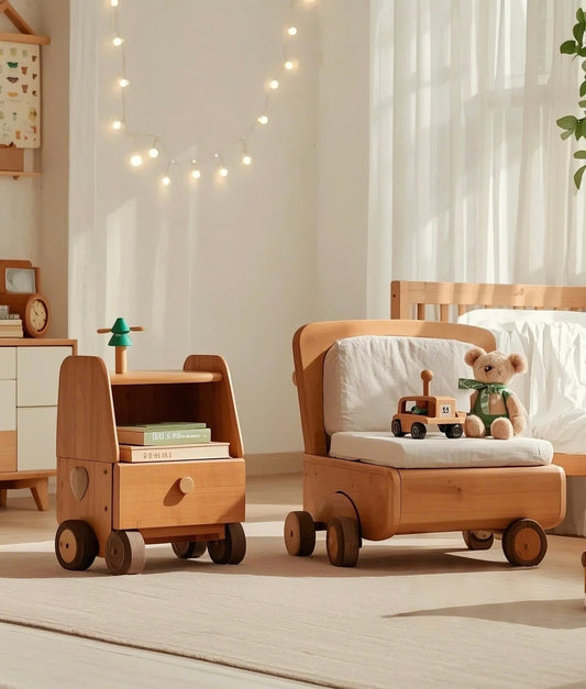 Kids Wooden Lounge Chair and Toy Storage Table Set