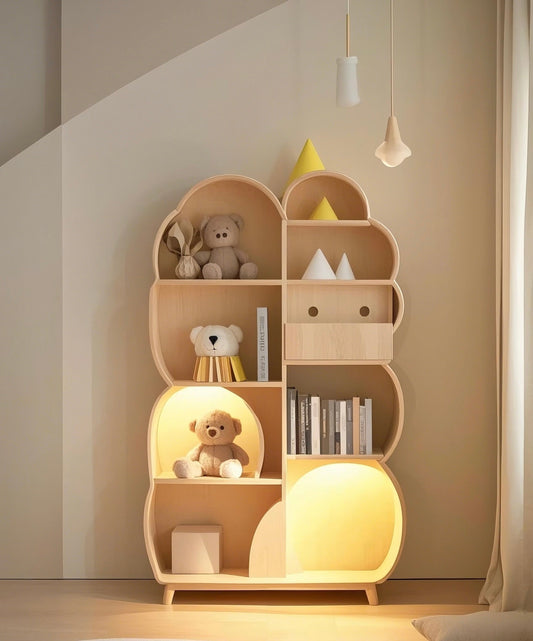 Cloud Shaped Kids Bookshelf – Wooden Nursery Storage with Lighting