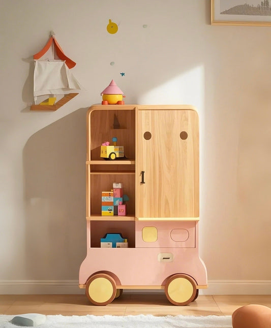 Pink Bus Shaped Kids Cabinet – Wooden Toy Storage Organizer