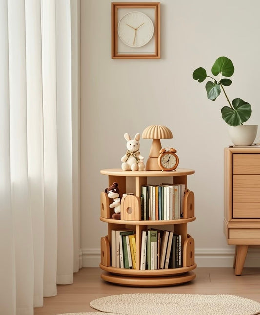 Round Rotating Wooden Kids Bookshelf – 360° Storage Organizer