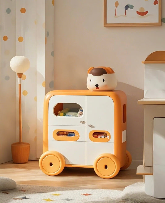 Bus-Shaped Kids Toy Storage Cabinet with Wheels
