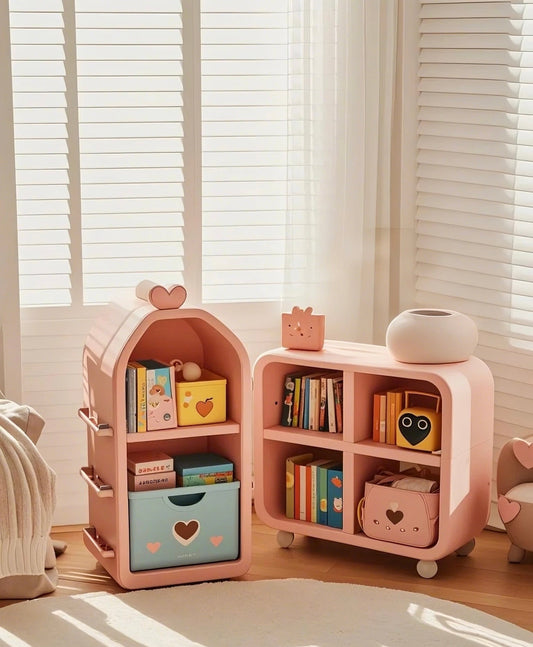 Pink Heart Kids Bookcase – Rolling Storage Shelf Organizer