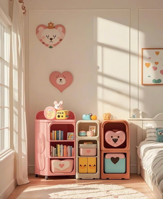Cartoon Bear Heart Kids Storage Shelf – Cute Plastic Organizer Set