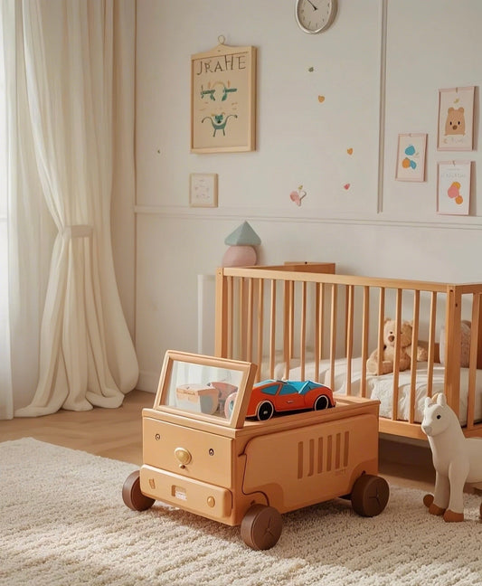 Car Design Wooden Toy Storage Box with Wheels