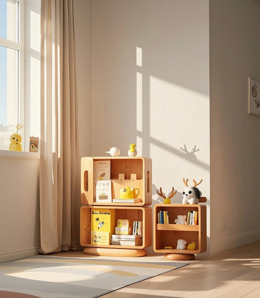 Modular Wooden Kids Bookcase with Animal Accents – Adjustable Display Shelf