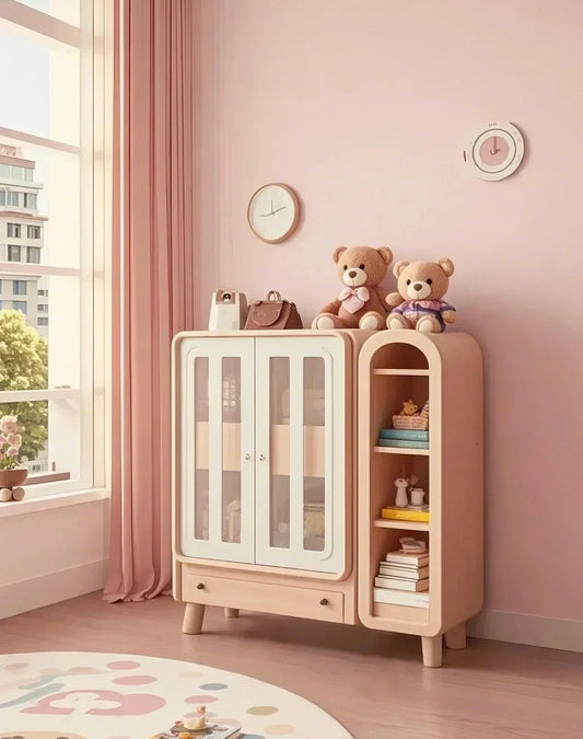 Kids Wardrobe Cabinet with Bookshelf – Pink Multi-Storage Furniture