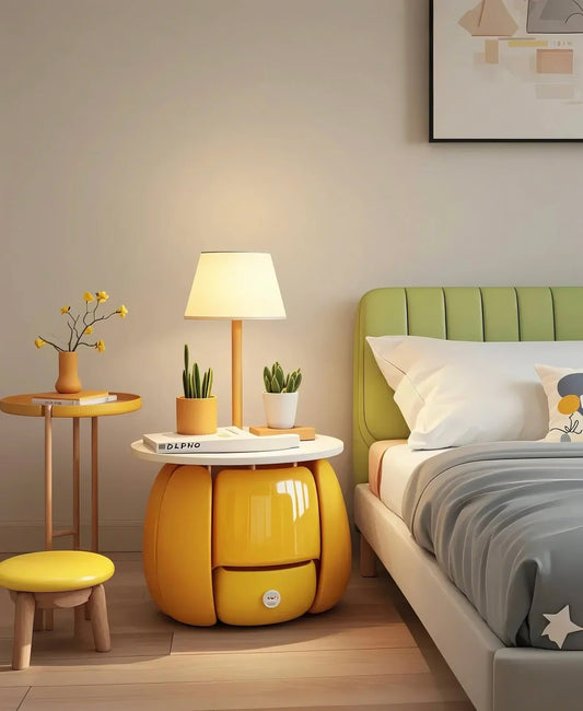 Yellow Flower Kids Nightstand – Modern Bedside Table with Storage