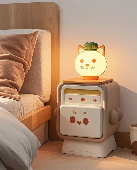 Cute Cat Face Kids Nightstand with Drawers – Bedside Storage Table