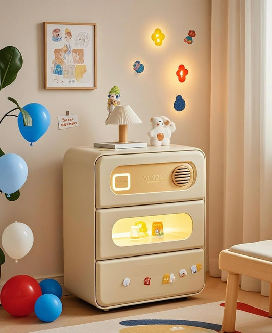 Cream Modern Kids Dresser with LED Display Shelf – Storage Cabinet