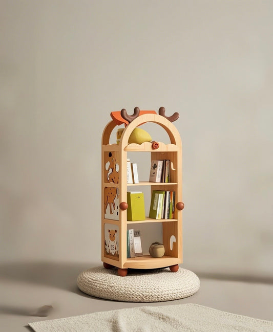 Animal Antler Rotating Kids Bookshelf – Wooden 360° Book Tower