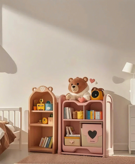 Pink Bear Kids Bookshelf – Cute Storage Shelf with Heart Drawer
