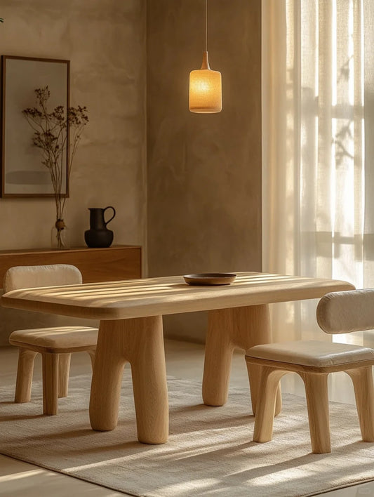 Scandinavian Modern Dining Table Set – Solid Wood Table and Upholstered Chairs