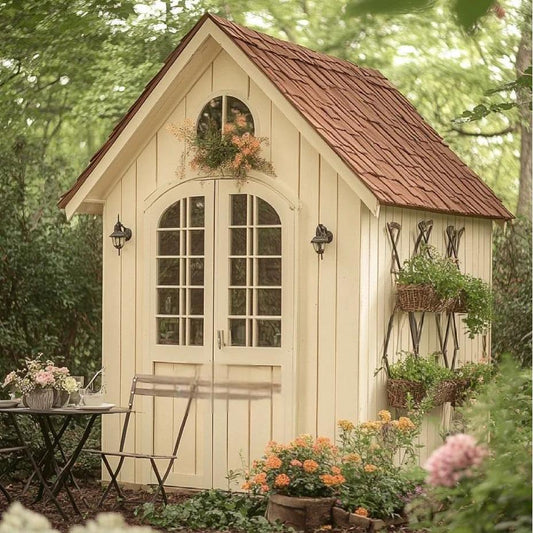 Enchanting Cottage-Style Garden Shed with Floral Accents